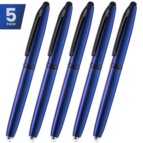 Stylus Pen- Capacitive Stylus, 3-in-1 Metal Pen, Multi-Function,Ballpoint Ink Pen,with LED Flashlight, for Touchscreen Devices, Tablets, iPads, iPhones, 5PK, Blue