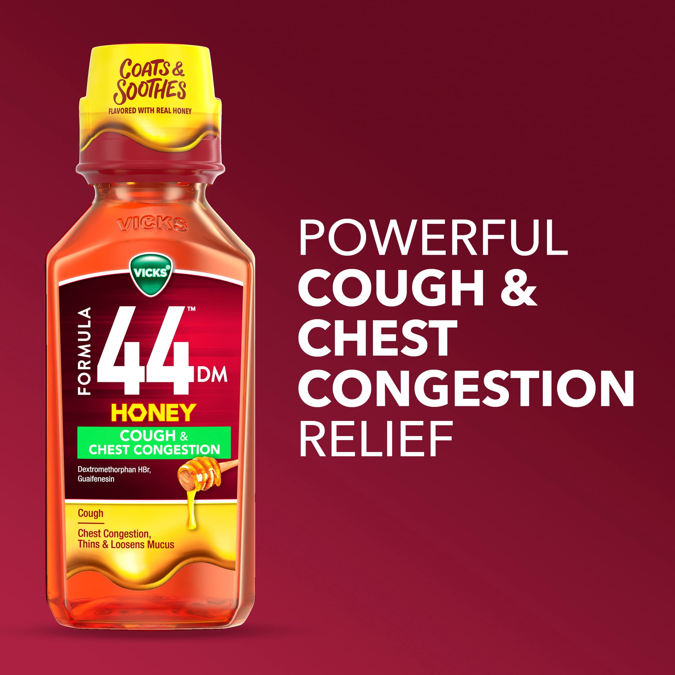 Vicks Formula 44 DM Cough & Congestion Liquid, Cough Medicine for Adults, Honey, 12 fl oz