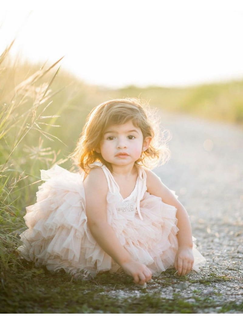 4T Toddler Girls Champagne Lace Dress with Gem Belt for Photoshoot