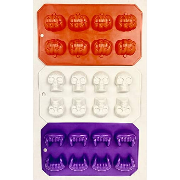 Halloween Fall themed Set of 3 Ice cube trays, candy mold, jello shot skull/fang/pumpkin shapes