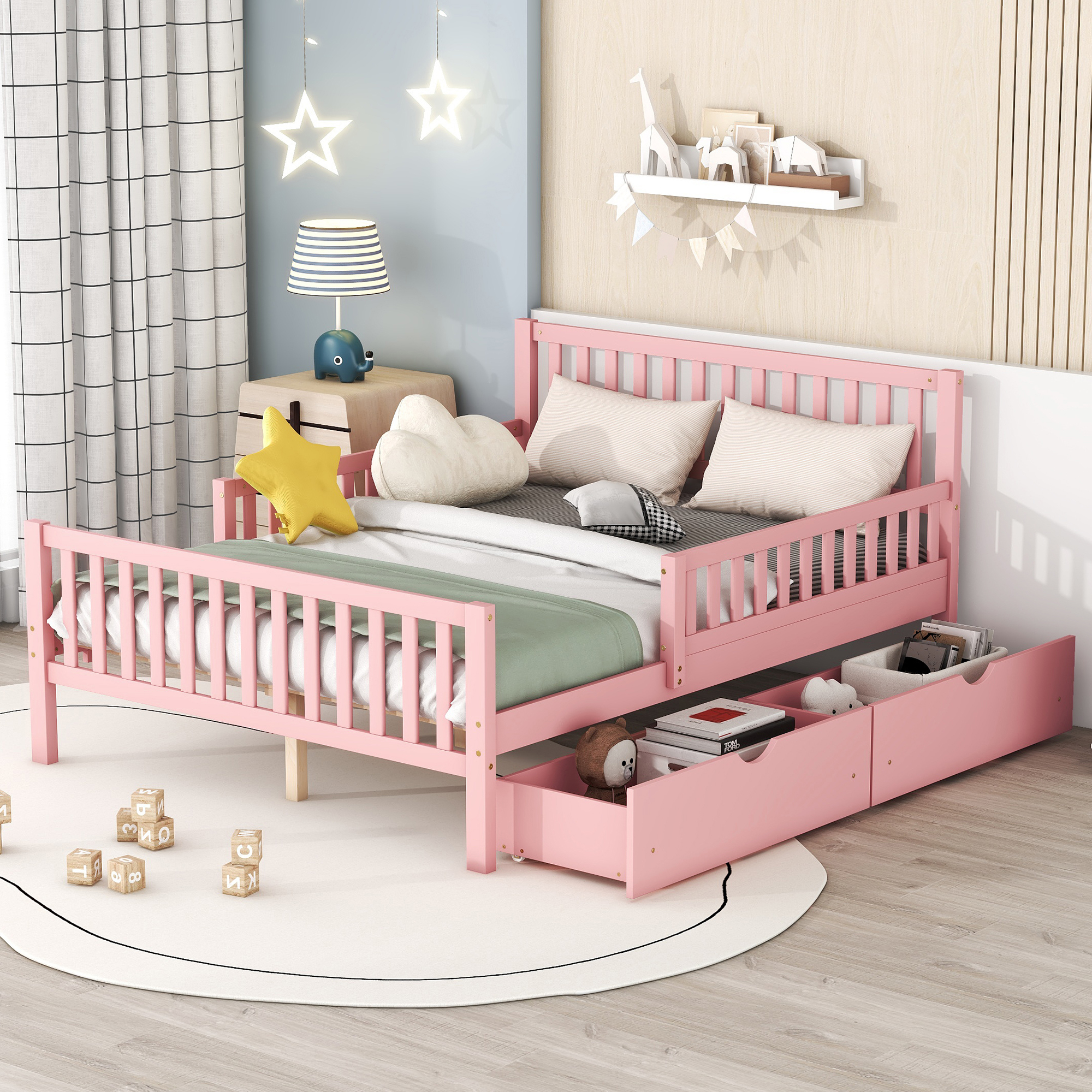 Leumius Full Size Wood Platform Bed with Guardrails on Both Sides and Two Storage Drawers for Bedroom Guest Room Pink
