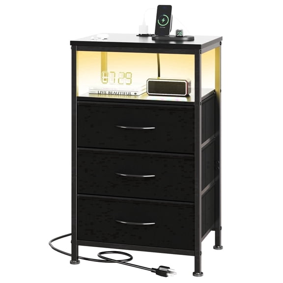 EDX Nightstand with 3 Fabric Drawers, Charging Station with USB/Type-C Ports and Outlets, Adjustable Feet and Light Strip for Bedroom, Black