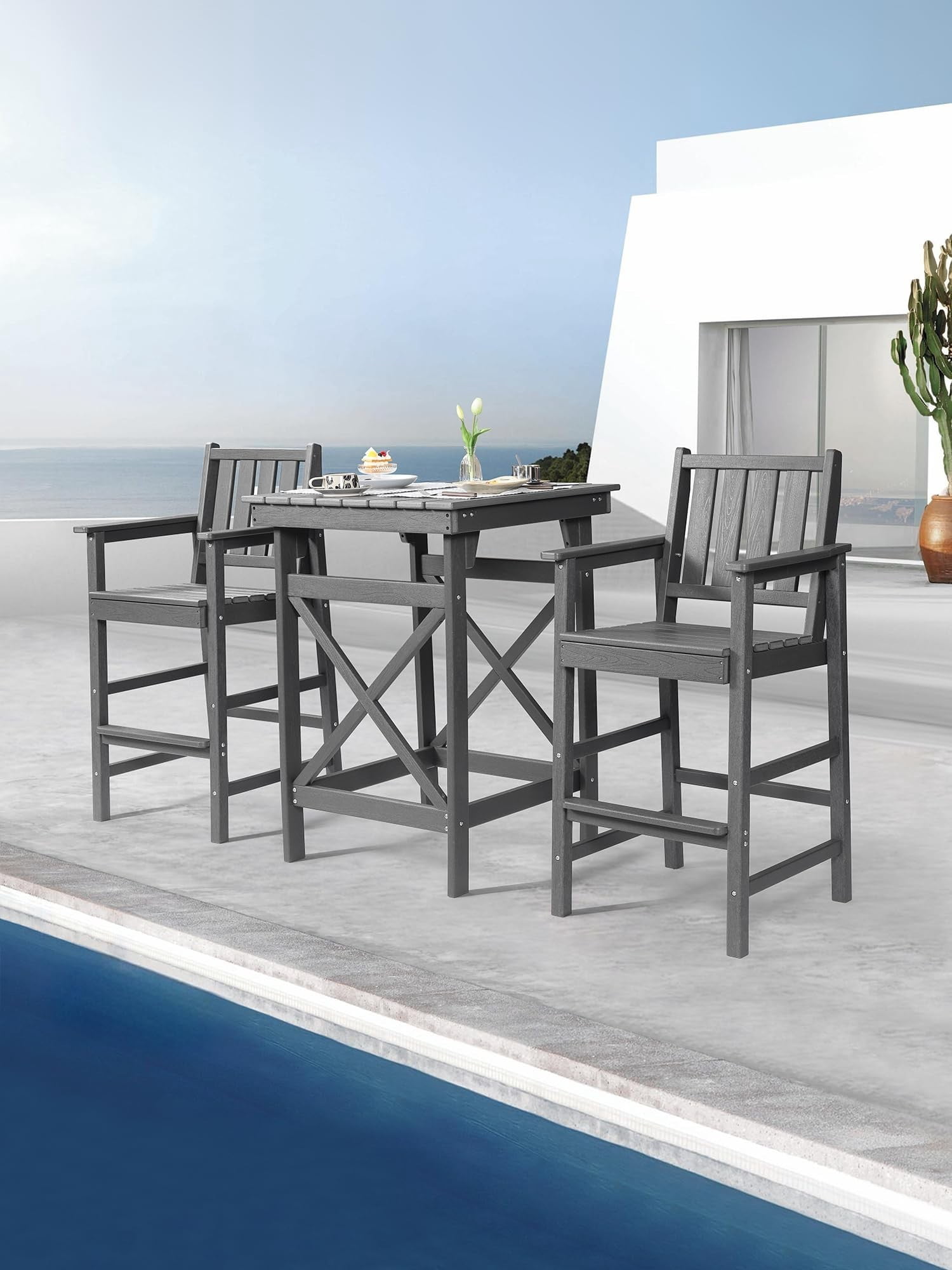3-Piece Adirondack Bar Table Set, HDPE Outdoor Bar Height Chairs and Table Set, All Weather Patio Bar Furniture for Balcony, Porch, Garden, Poolside, Smoke Gray