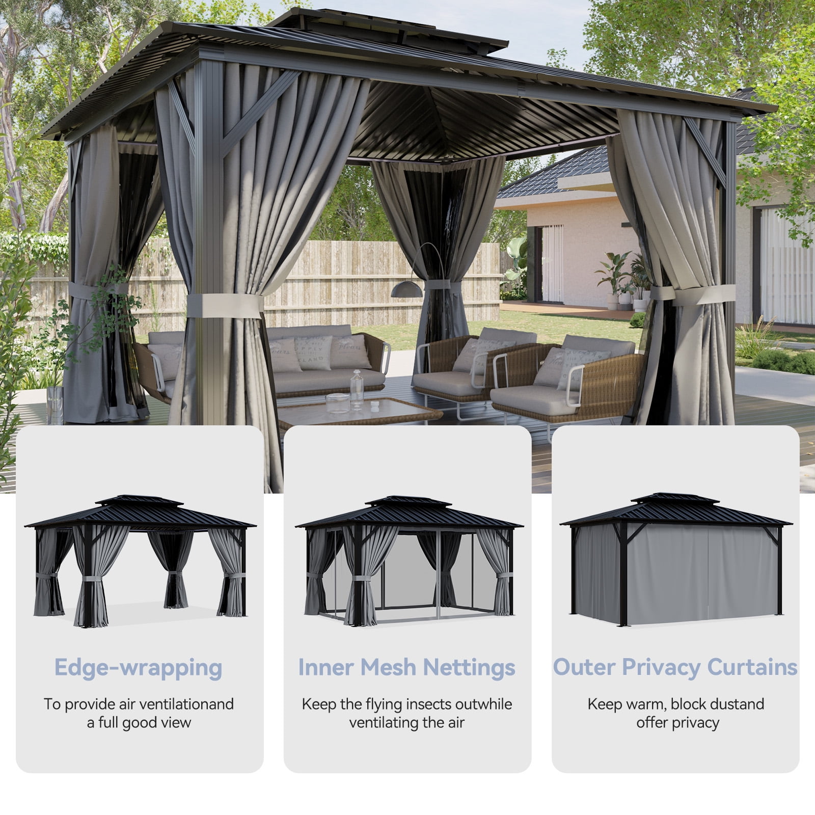 Bapipro 12'x10' Hardtop Gazebo, Aluminum Frame Permanent Pavilion with Curtains and Netting, Outdoor Metal Double Roof Canopy, Designed for Garden, Lawns, Patio, Gray