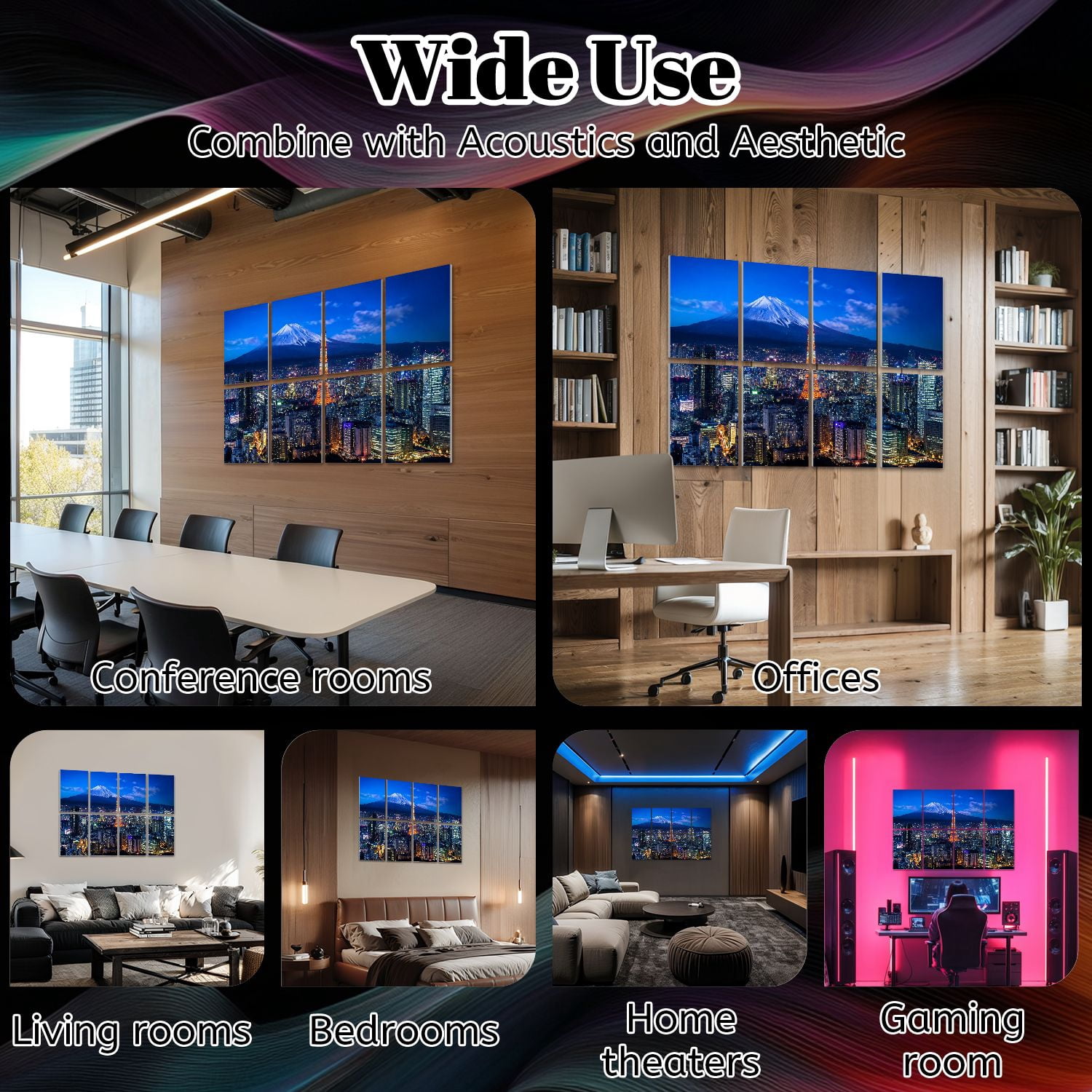 8 Pack Art Acoustic Panels Sound Absorbing Mt Tokyo skyline Decorative Soundproof Wall Panels Self Adhesive for Nursery Game Room Bedroom 48"x32"