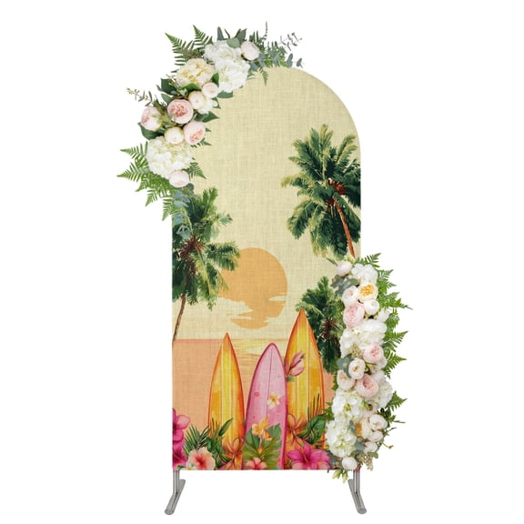 Summer Beach Sunset Arch Backdrop Cover 6.6FT, Tropical Palm Coastal Surfboard Flowers Spandex Fitted Stretchy Arch Stand Covers, Round Top Chiara Backdrop Cover for Wedding Party Birthday