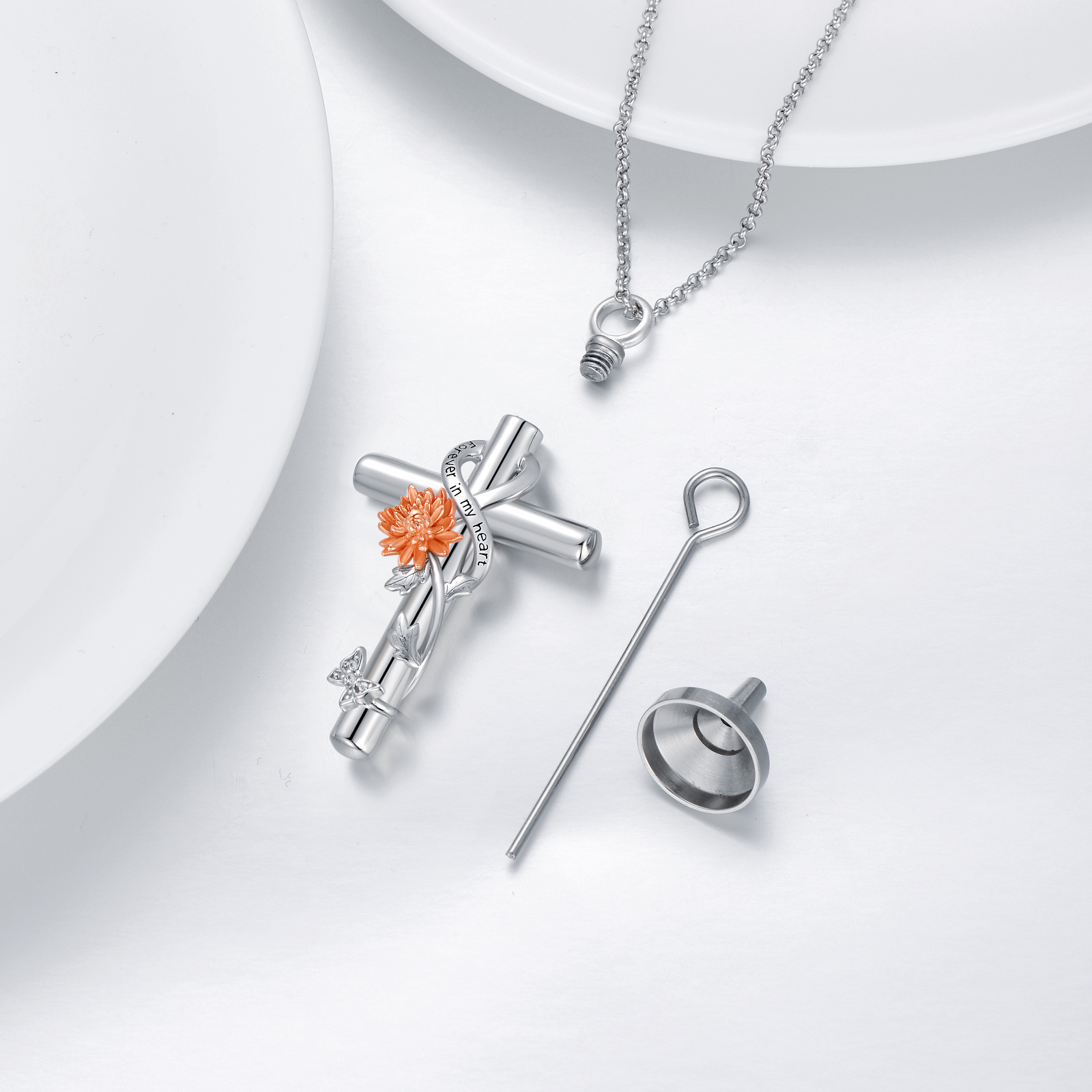 CACA LADY Chrysanthemum Cross Urn Necklace 925 Sterling Silver Cremation Jewelry with Funnel