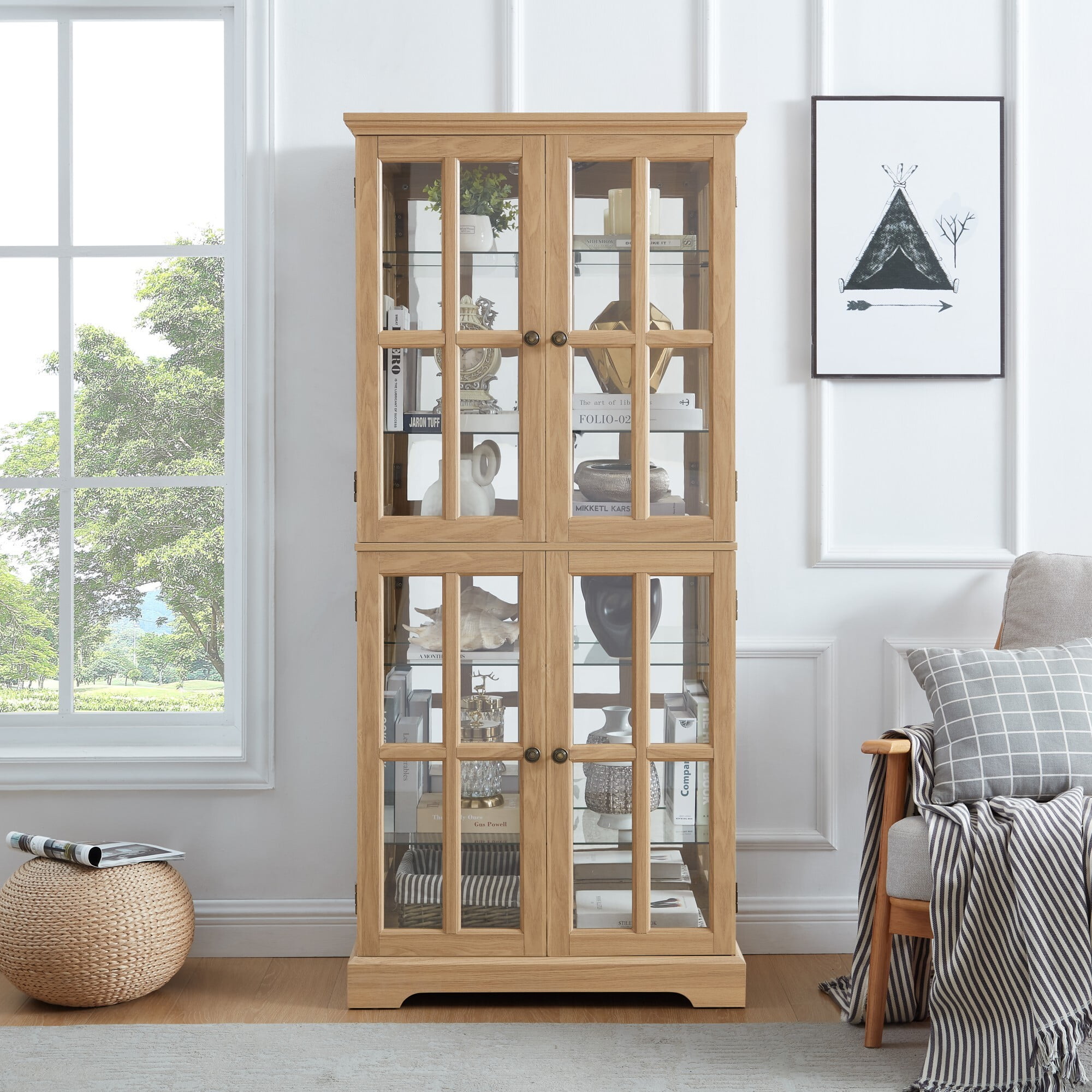 AENKYO 68" Antique Glass Display Case with E26 Bulb & Adjustable Shelves - Elegant Curio Cabinet for Living Room, Oak