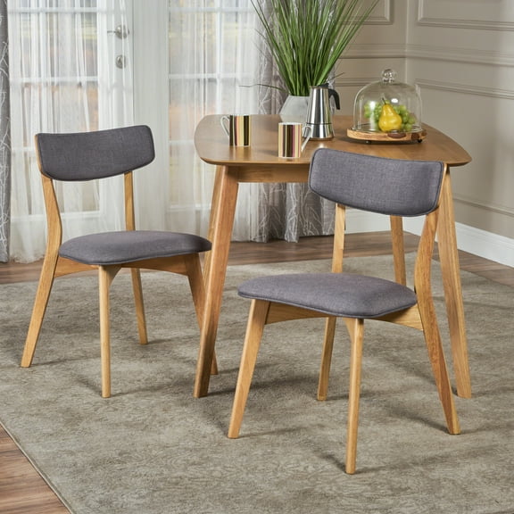 Molly Mid Century Modern Fabric Dining Chairs with Rubberwood Frame, Set of 2, Dark Grey and Natural Oak