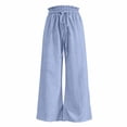 thumbnail image 4 of Summer Linen Pants Women Drawstring Elastic Waist Wide Leg Palazzo Pants Casual Flowy Beach Cropped Trousers Blue 2XL, 4 of 4