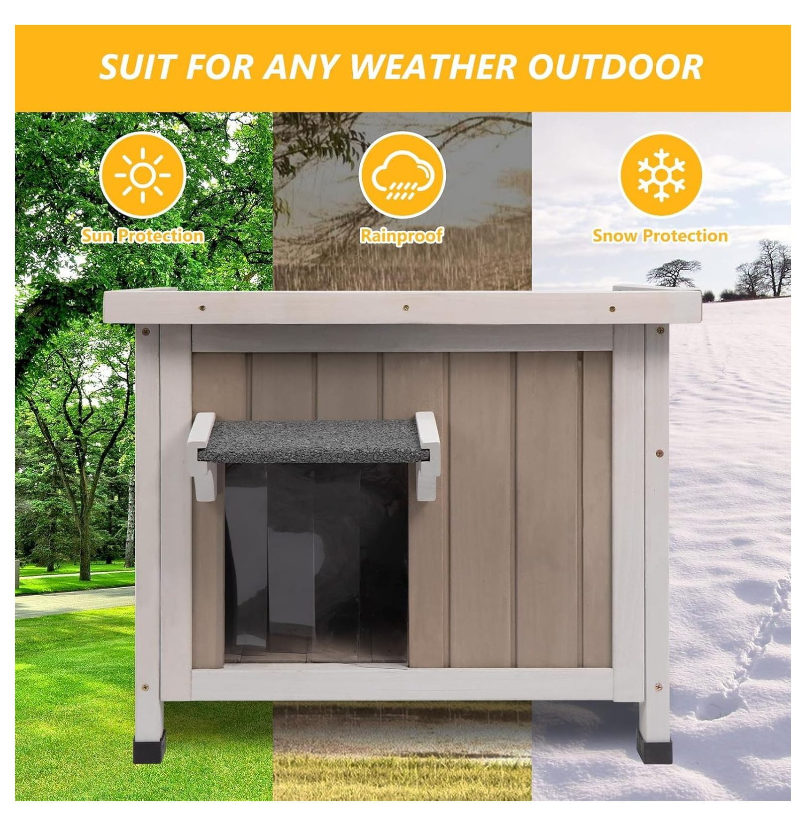 Insulated Cat House Outdoor, 22.44" Weatherproof Feral Cat Shelter, Winter Cat Enclosure with Asphalt Roof & 2 Escape Doors, Small Cats, Grey