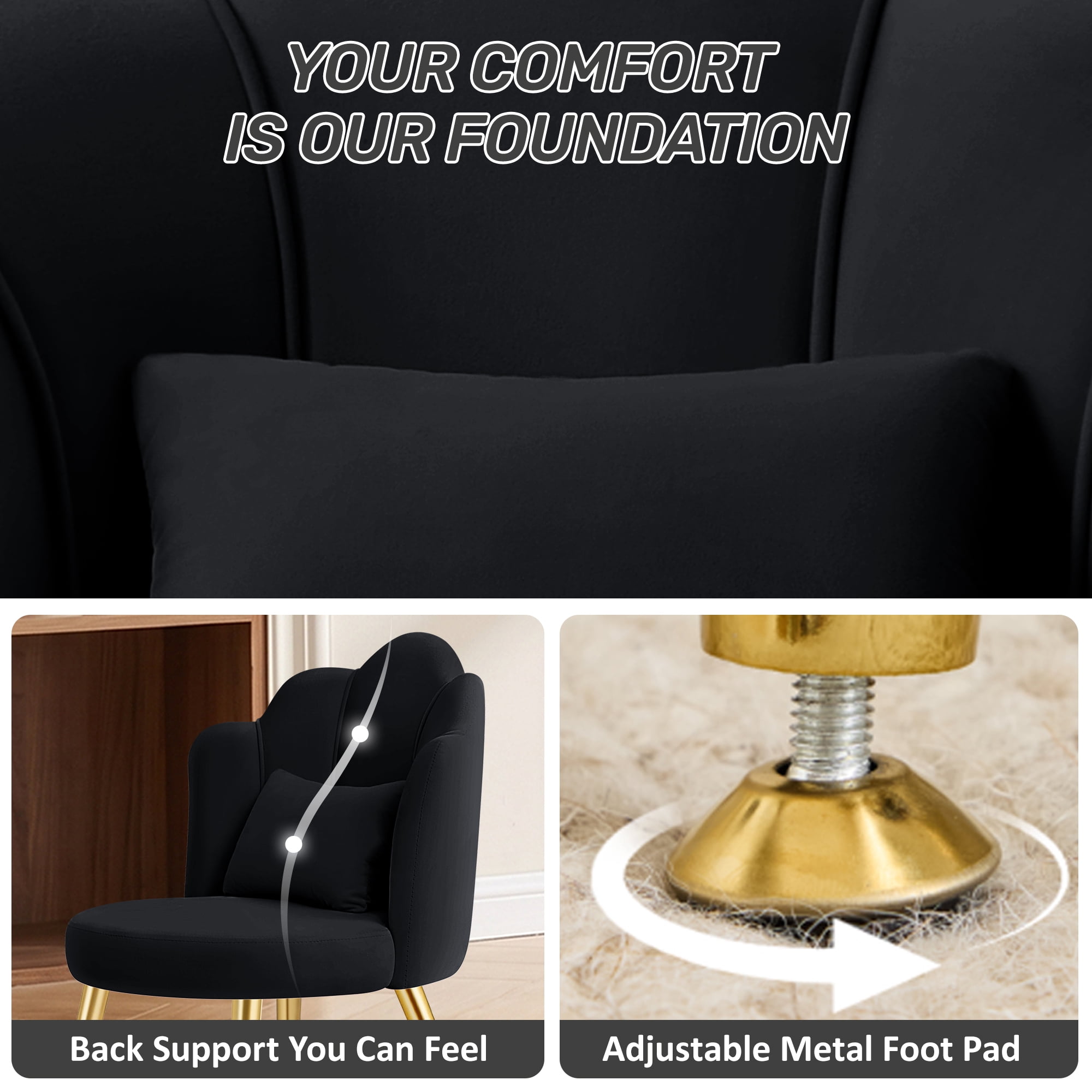 COOLHUT Petal Velvet Vanity Chair, Flower Cute Girls Mack Up Vanity Stool Chair with Lumber Pillow and Adustable Gold Legs, Upholstered Small Desk Chair for Living Room Bedroom Home Office, Black