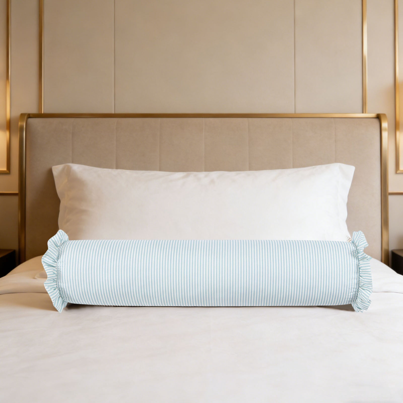 Striped Body Pillow with Ruffled Edges, Large Round Bolster Roll Pillow for Side Sleepers, Tube-Style Hugging Body Pillow for Bed & Sofa, Removable Washable Cover, 36 x 8 Inch, Light Blue
