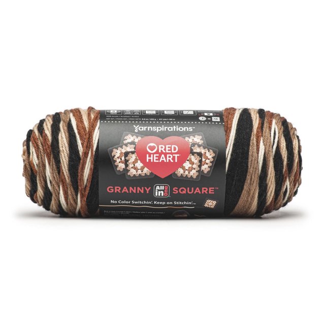 Red Heart® All In One Granny Square™ #4 Worsted (Medium) Acrylic Yarn 8.8oz/250g 417 Yards in variegated brown, black, cream, and tan, shown as a front-facing skein with a black label featuring the Red Heart logo and granny square crochet images, designed for easy 5-color granny squares with no color switching and 67% fewer ends to weave in, ideal for home and on-the-go crochet projects.