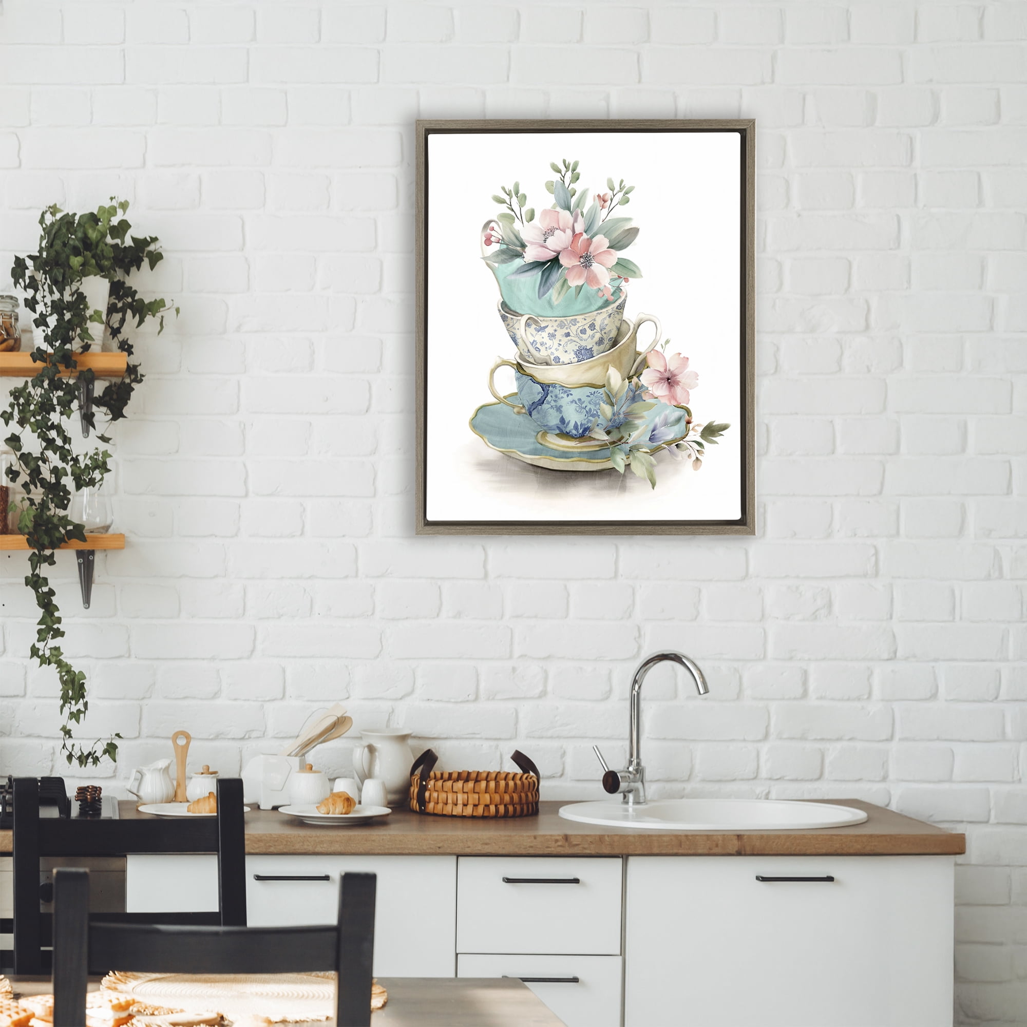 Stupell Industries Tea Cup Chinoiserie Blossoms Brown Framed Floater Canvas Wall Art, design by Kim Allen