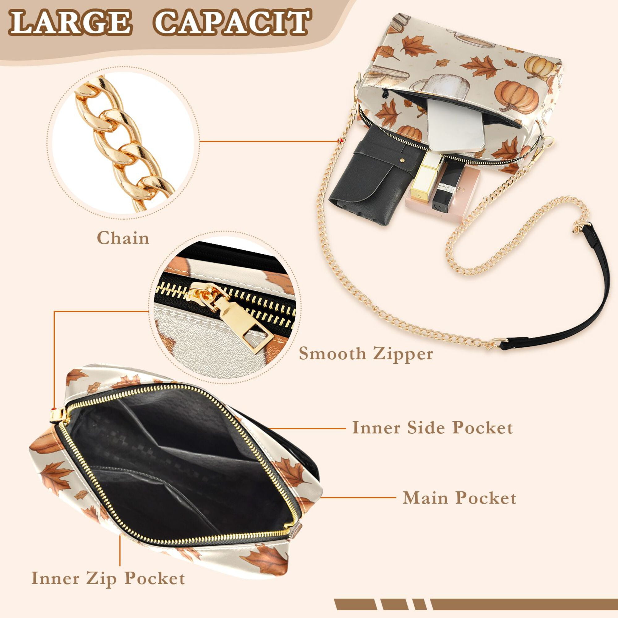 FORMRS Women Crossbody Purse with Chain Strap Vegan Leather Shoulder Handbag, Fall Mug Pattern