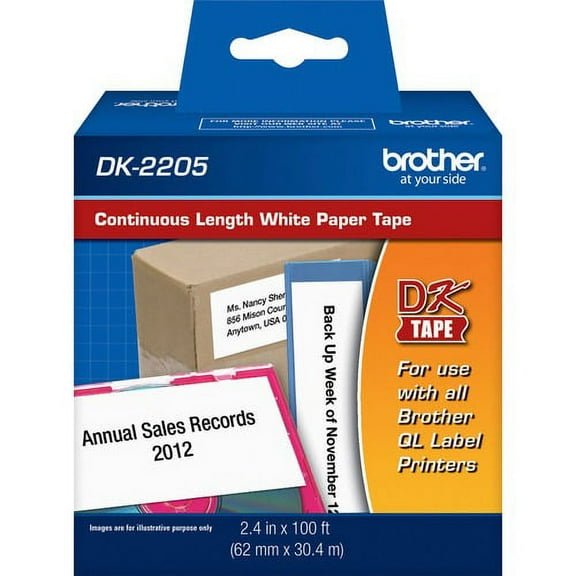 Brother DK2205 - Continuous Length White Film Paper Tape - 2.44" Width x 100 ft Length - Direct Thermal - 1 / Roll | Bundle of 2 Rolls