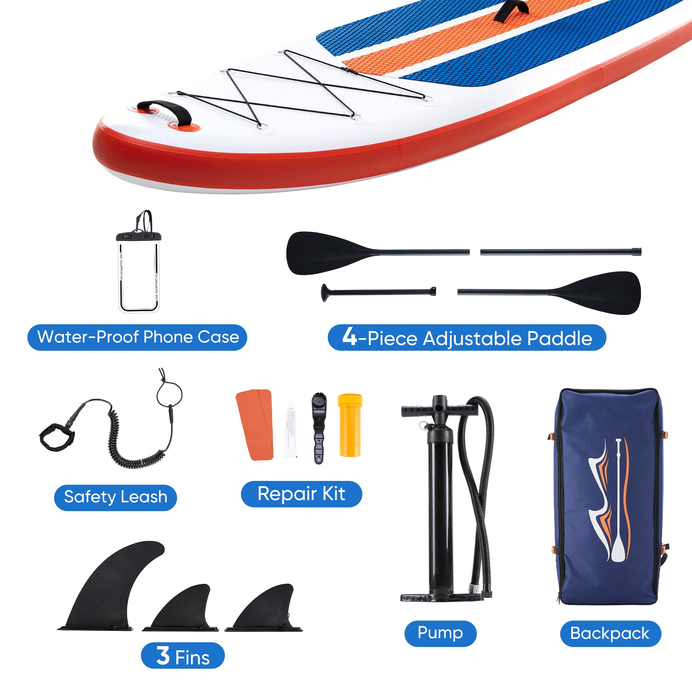ZUNMOS 10.5ft Inflatable Stand Up Paddle Board, Non-Slip Deck, Complete SUP Accessories Set for All Skill Levels,﻿﻿ Blue and Orange