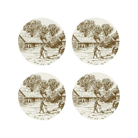 

Tideii Plowed Field With Horses for Leather Coasters 4 Pieces Anti-fouling and Anti-scalding Decorative Coasters Suitable for Restaurants Kitchens Coffee Shops-Round Shape