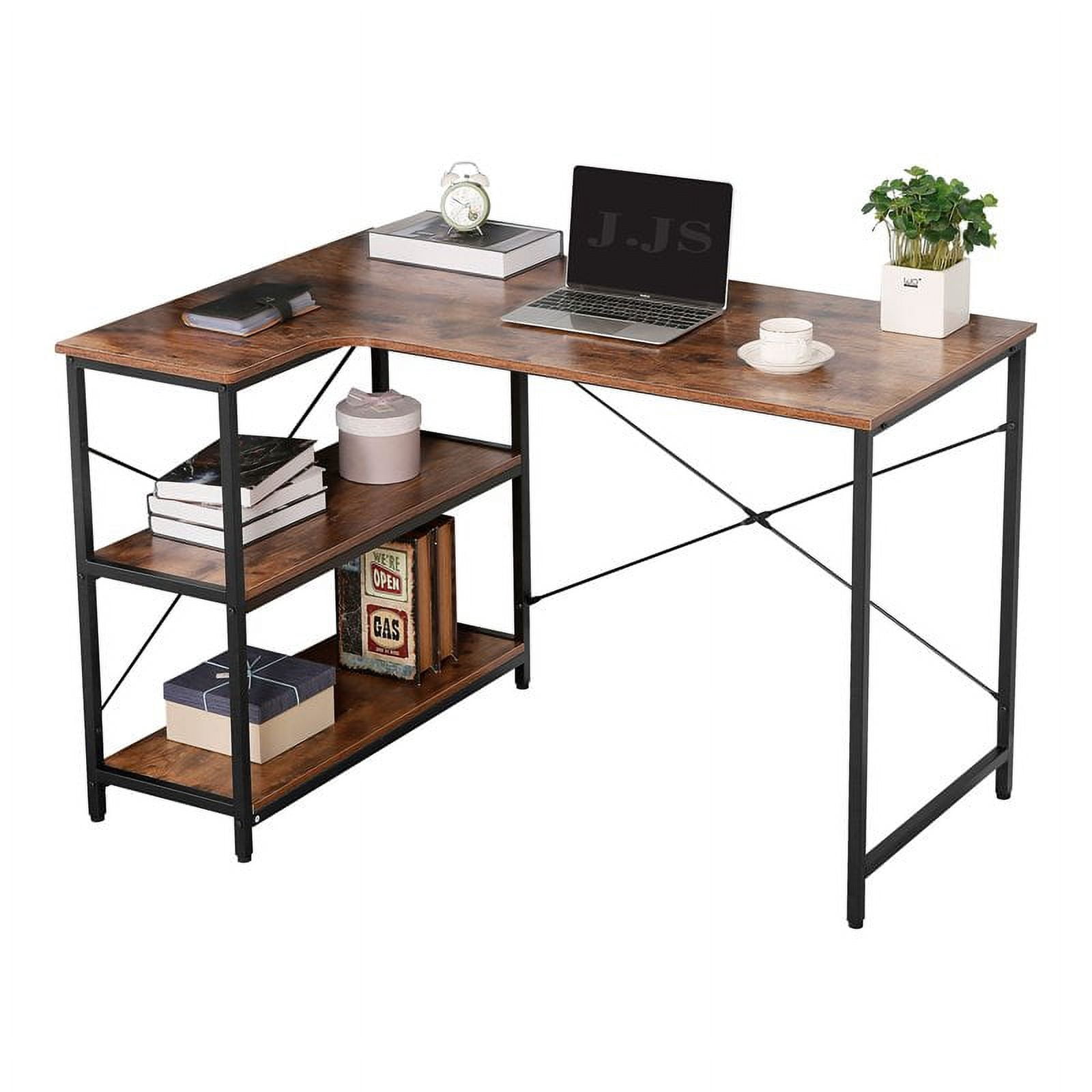 JJS L-Shaped Home Office Corner Writing Computer Desk with Built-in Bookcase, Wood and Metal Modern Study Laptop Table Workstation with Storage Shelves for Small Spaces,Rustic Brown