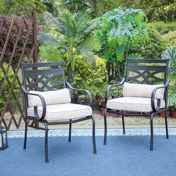 SUMMIT LIVING 2-Piece Outdoor Patio Dining Chairs with Removable Cushions & Pillows, Black & Beige