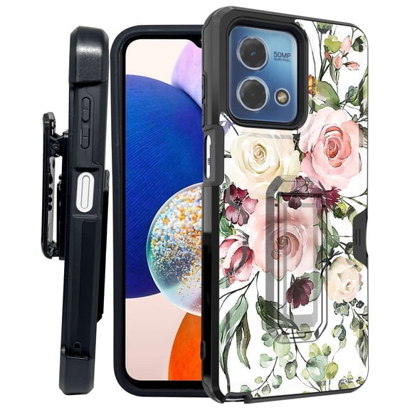 ANJ  Rugged Shockproof Kickstand Hybrid Case with Card Slot and Holster   Tempered Glass Cover for Motorola Moto G Stylus 5G (2023) - Flower Bouquet