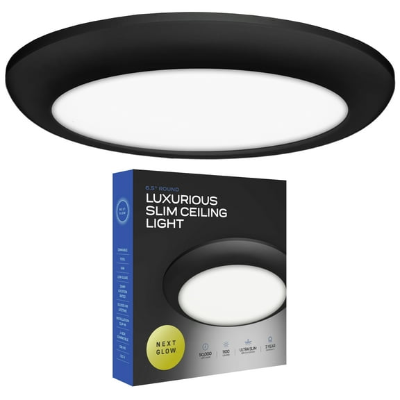 Next Glow Ultra Slim 6.5" LED Ceiling Light Fixture, 4000K Round, Dimmable Flush Mount Light, Black