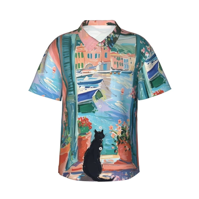 Fotbe Coastal Cat By The Window Camisa Hawaiana para Hombre Unisex – Camisa Casual de Verano con Botones de Manga Corta de Algodón y Lino,XX-Large