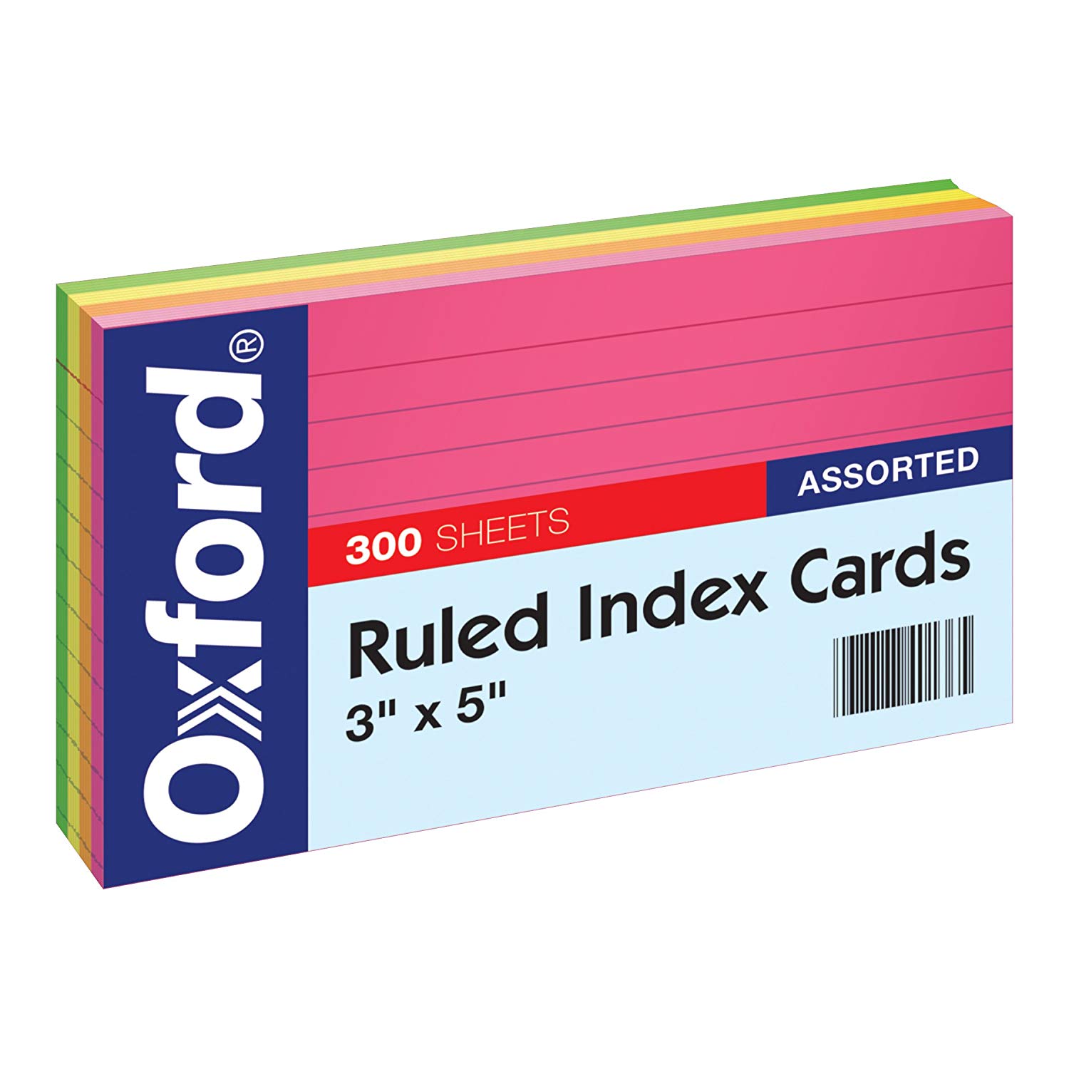 Neon Index Cards, 3" x 5", Ruled, Assorted Colors, 300 Per Pack