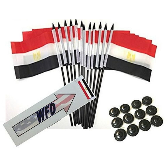 Box of 12 Egypt 4"x6" Polyester Miniature Desk & Little Table Flags, 4x6 Egyptian Small Mini Hand Waving Stick Flags with Flag Bases (Stands)