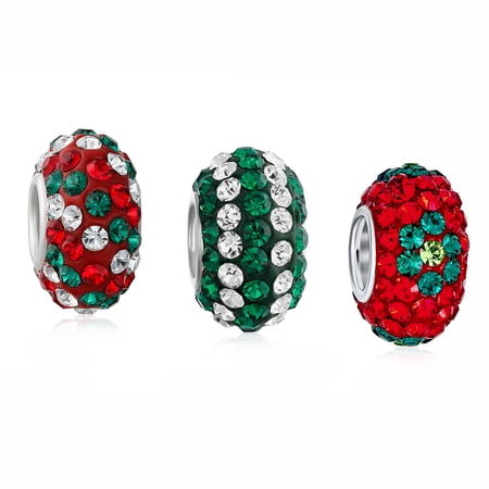 Bling Jewelry Womens Christmas Charm Bead Red Green Flower Stripe Crystal Bundle for Bracelets