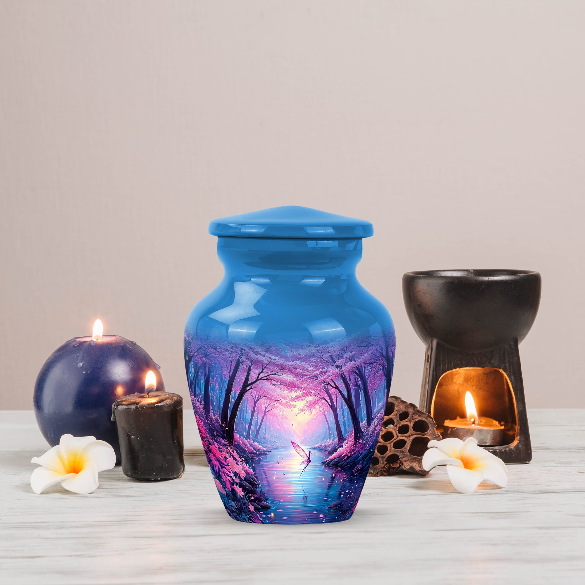 MUKTIVE Cherry Blossom Funeral Urns for Adult Male, Pink Butterfly Memorial Urn for Ashes for Women, Decorative Blue Cremation Urn, Burial Urns for Father Ashes, 3 Inch
