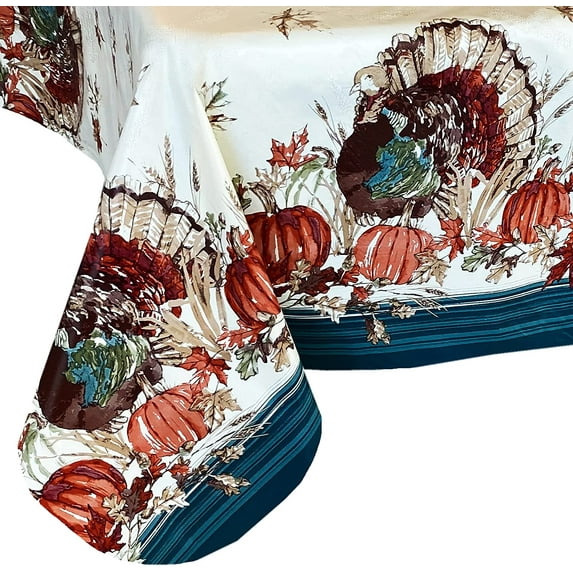 Newbridge Turkey Gathering Thanksgiving Autumn Vinyl Flannel Backed Tablecloth - Fall Leaves, Pumpkins and Turkey Print Bordered Easy Care Tablecloth, 52” x 70” Oblong/Rectangle