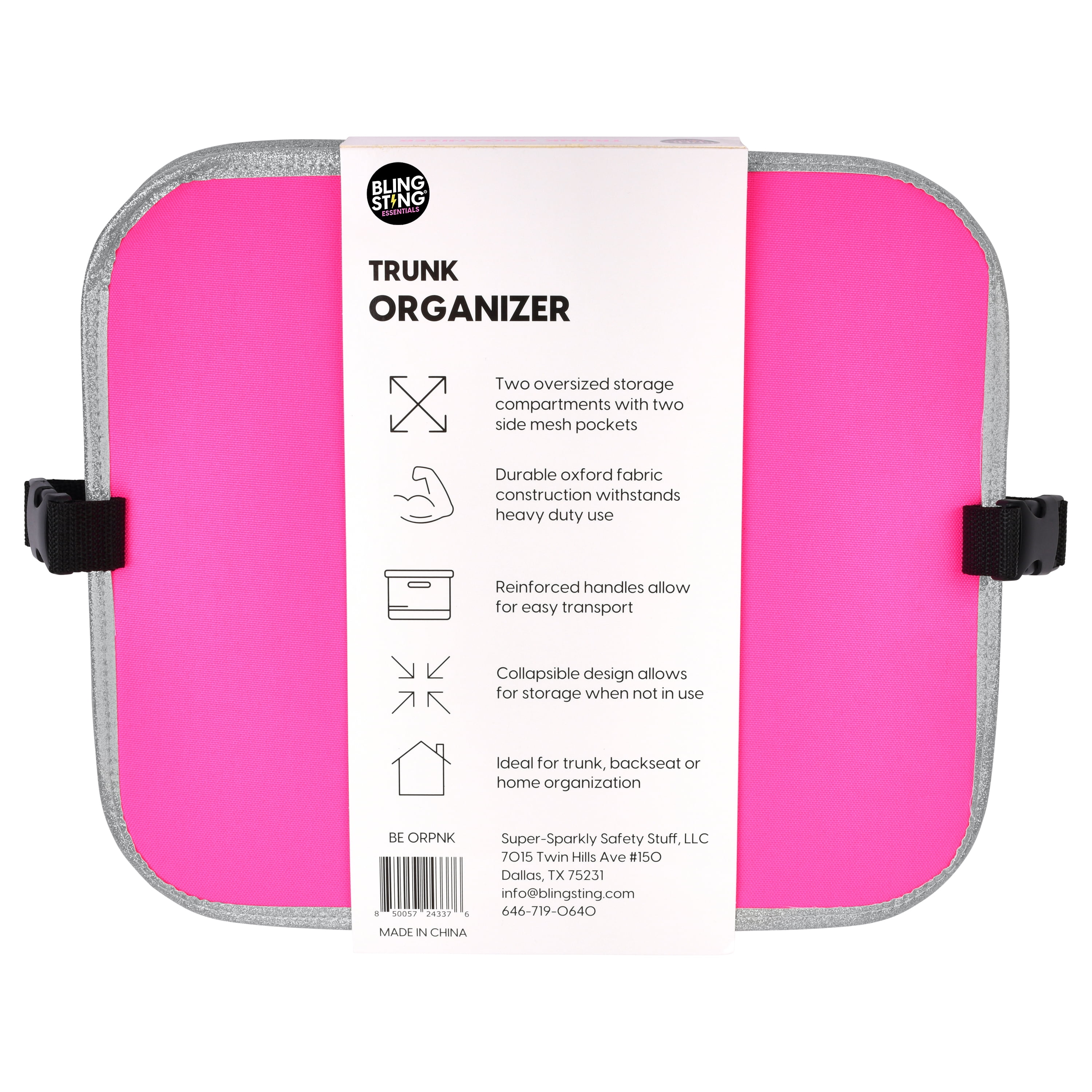 Blingsting Hot Pink Car Essentials Trunk Organizer with Heavy-Duty Fabric and Storage Pockets