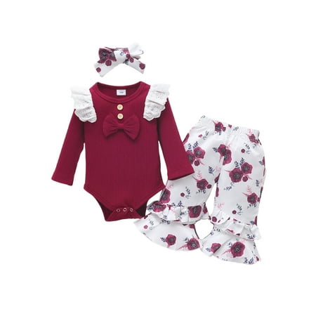 

Bomotoo Infant Loose 3Pcs Outfit Suit Long Sleeve Bow Fall Outfits Photograph Cute Floral Print Romper Tops+Pants And Headband Sets Wine Red 3-6M