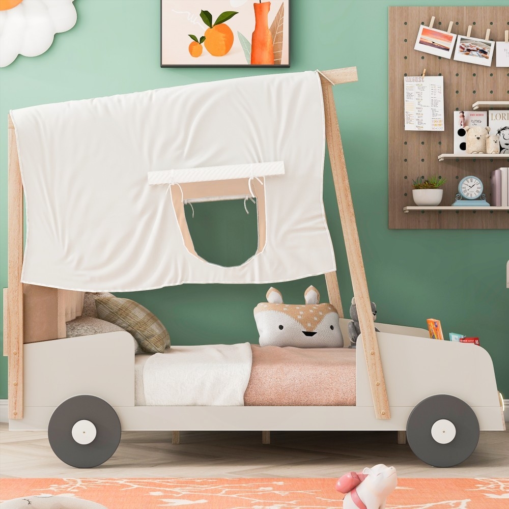 Wood Car Bed with Pillow & LED, Natural Full Size