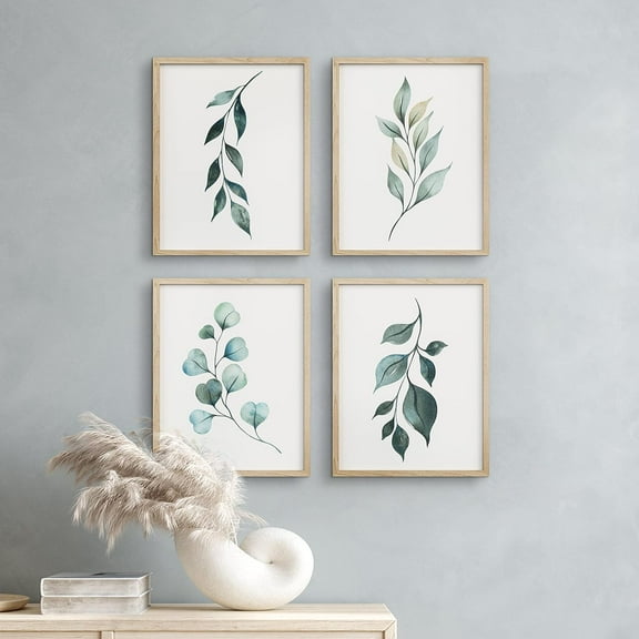 PixonSign Framed Wall Art Pastel Watercolor Teal Green Braches, Set of 4 Forest Plant Wall Decor Arts, Floral Botanical Wall Décor, Adhesive Canvas Poster, Modern Home Artwork - 11"x14" Natural