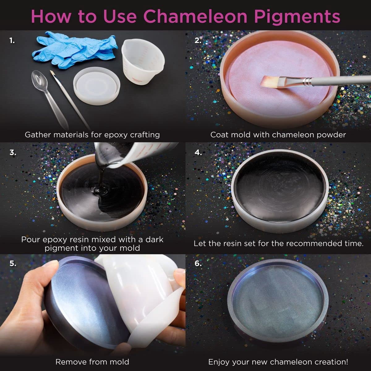 Rolio - Chameleon Mica Powder, Shift Powder Pigment for Epoxy Resin, Arts and Crafts, Jewelry, Tumbler, Painting, Nail Art - (10 Colors x 5g Jars)