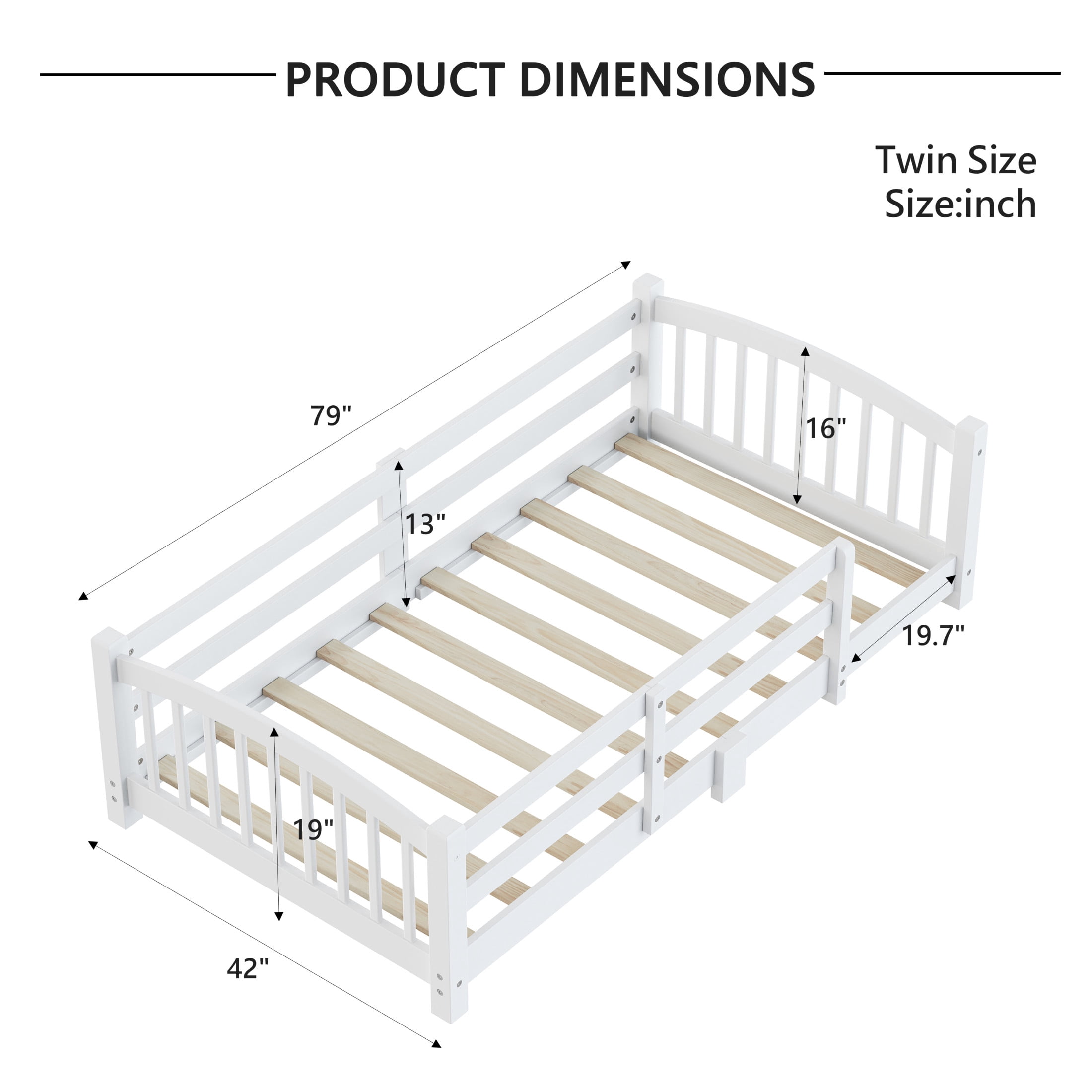 Noble House Twin Floor Bed with Slats, Safety Guardrails, Solid Wood Frame, White