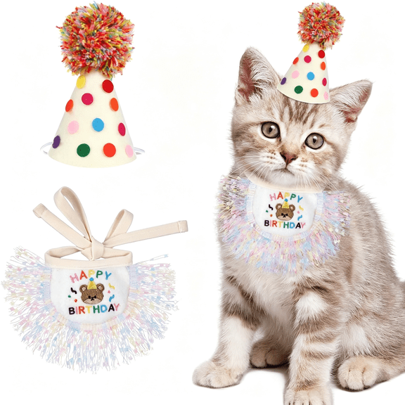 BESTSKY Cat Birthday Hat and Bandana Scarf, Cat Birthday Outfit Party Hat Dog Costumes Cute Lace Puppy Bib Scarf Party Decorations Set for Small Medium Cats & Doggy