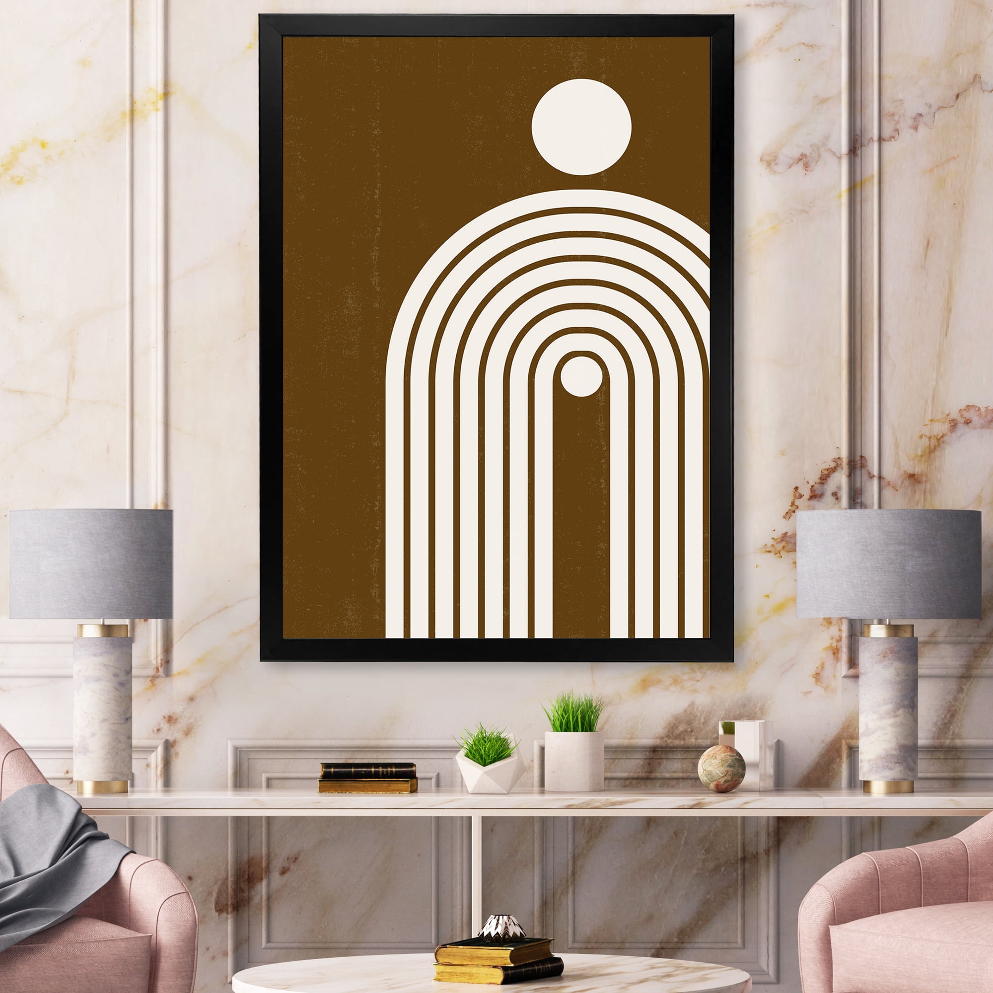 Designart 'Terracotta Minimalist Boho Rainbow With Sun' Modern Framed Art Print