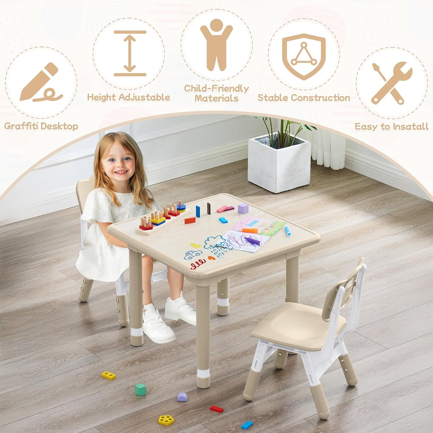 Toddler Table and Chair Set, Height Adjustable-Upgrade Kids Desk and 2 Chairs for Ages 3-8, Children's Multi-Activity Table with Graffiti Desktop and Marble Pattern for Home/Daycare/Classroom