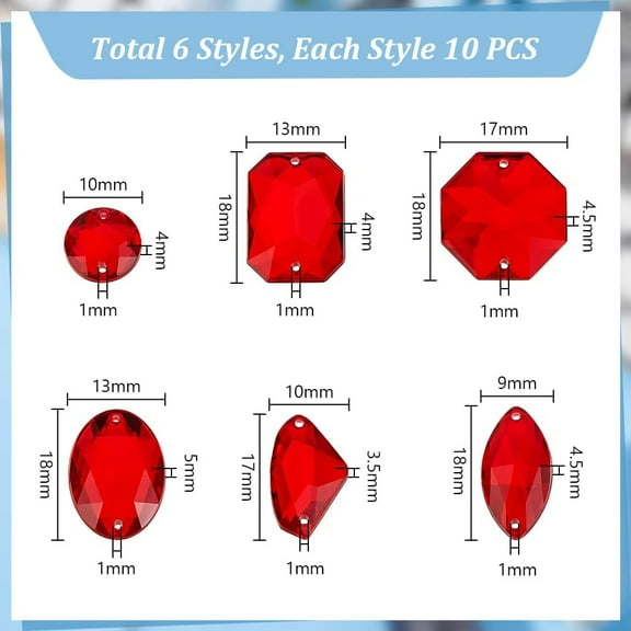 60pcs 6Styles Sewing Gems Red Crystals Sewing Gems Jewels Triangle/Horse Eye/Oval/Rectangle Flatback Rhinestones Sew On Rhinestones for Clothes Wedding Dress Costume Garment Crafts