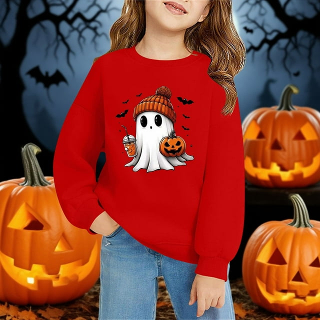 Chandail à Col Rond à Manches Longues pour Enfants, Décontracté et Tendance, Imprimé 2D d'Halloween, Rouge