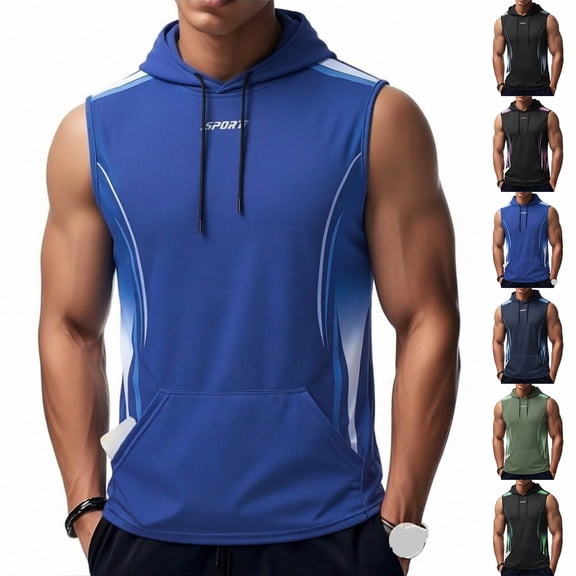 Noric Men's Sleeveless Hooded Athletic Tank Top Print Workout Shirt with Pocket, Casual Sport Muscle Tee for Gym Runing