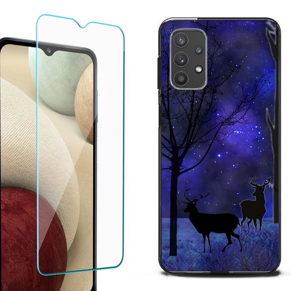 Slim-Fit Flexible TPU Gel Phone Case (black) for Samsung Galaxy A32 5G, with Tempered Glass Screen Protector, by OneToughShield ® - Midnight Forest
