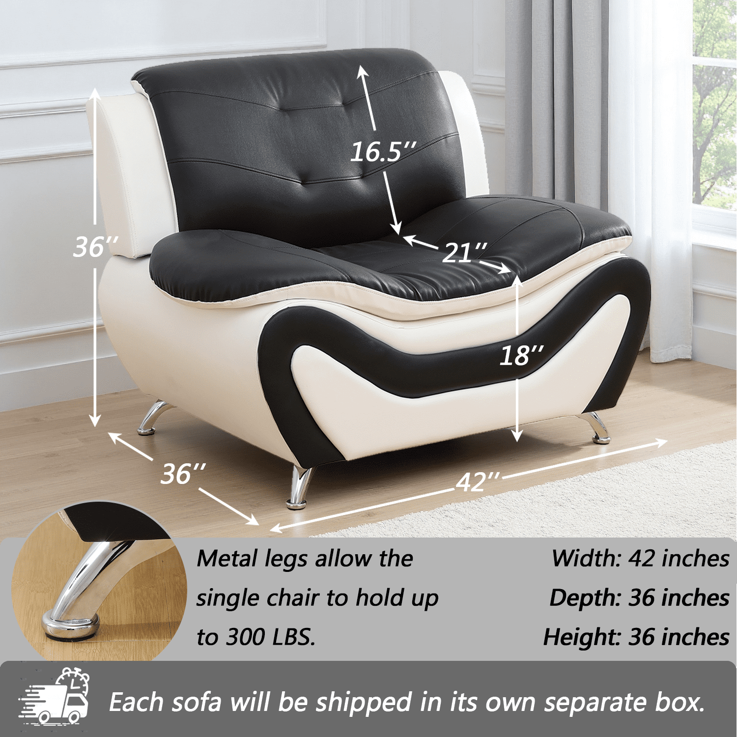 Caberryne Leather Couch Set,Modern Sofa for Living Room Furniture Sets,42" Button Tufted Chair for Living Room/Office/Bedroom/Apartment(Black&White)