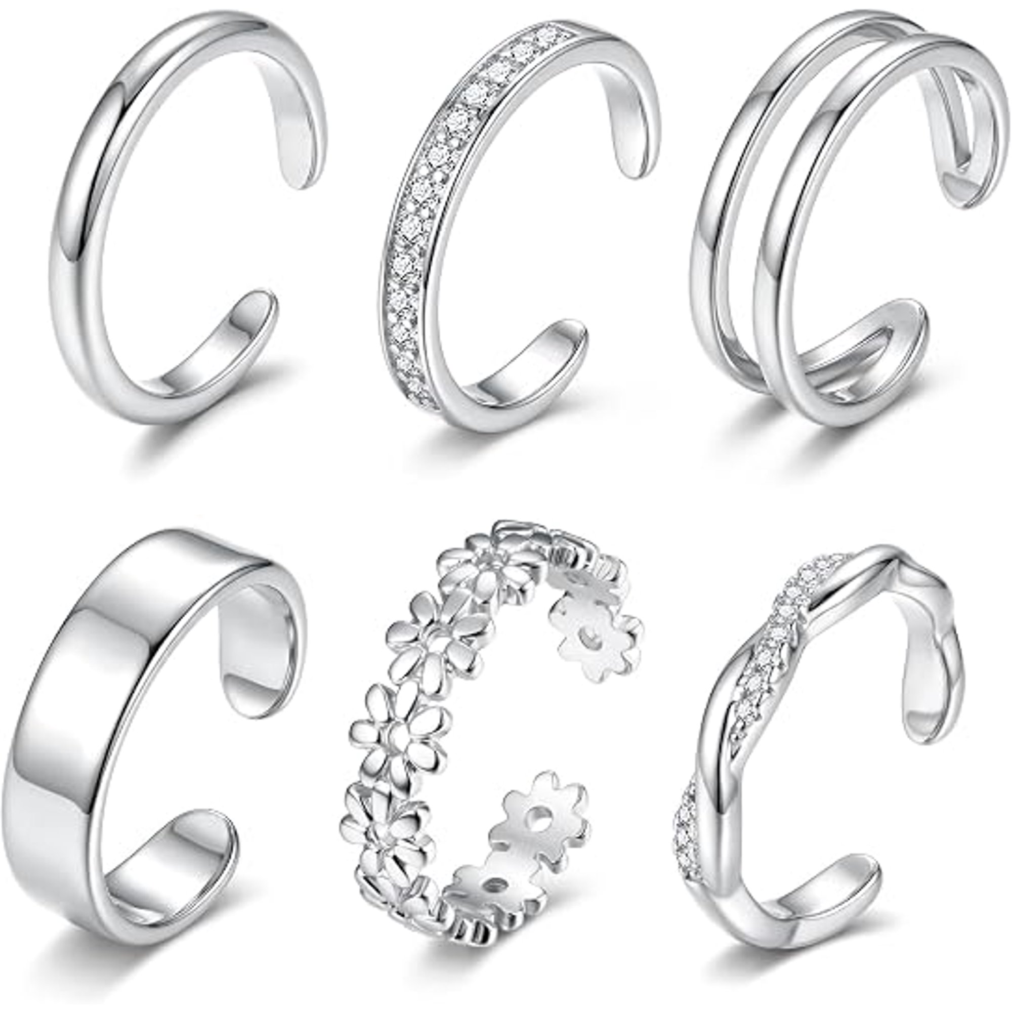 DESIGNICE 6 Pcs 14K Gold Filled Toe Rings Set for Women, Adjustable Open Band Chunky Flower Foot Jewelry, Non-Tarnish Summer Beach Rings
