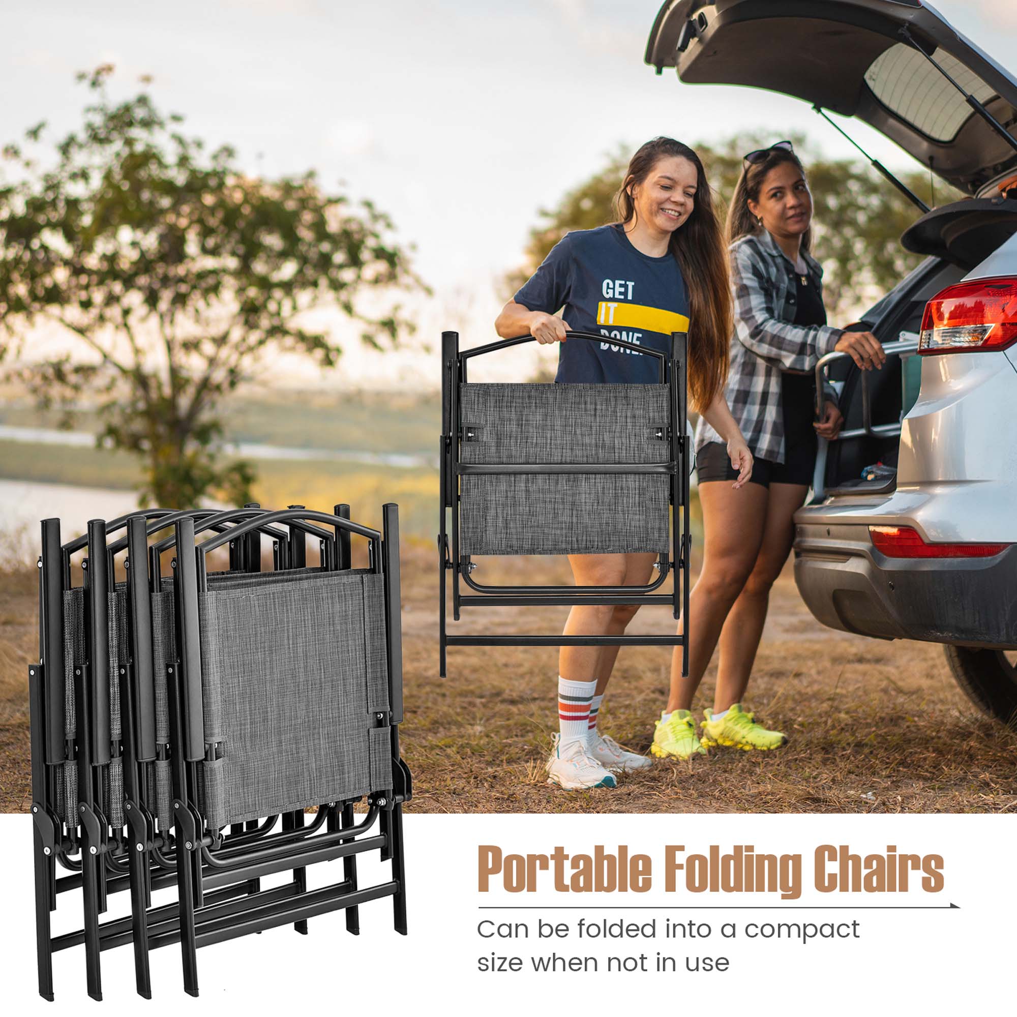 Costway Patio Folding Dining Chairs Set of 4 with Cozy Seat Fabric & Heavy-Duty Metal Frame Grey