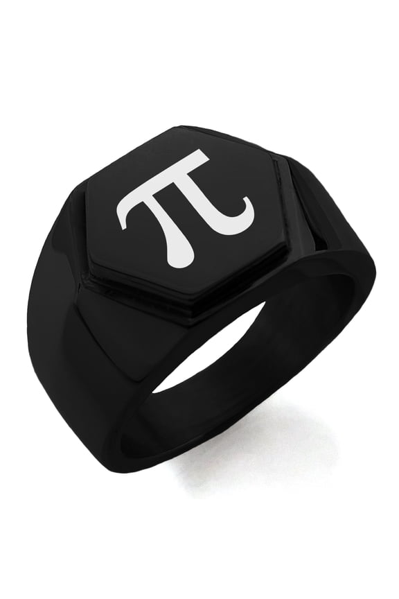 Stainless Steel Pi Mathematical Engraved Hexagon Crest Flat Top Biker Style Polished Ring
